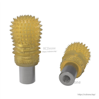 Yellow translucent spiked stick end with threaded metal insert, upright and angled views