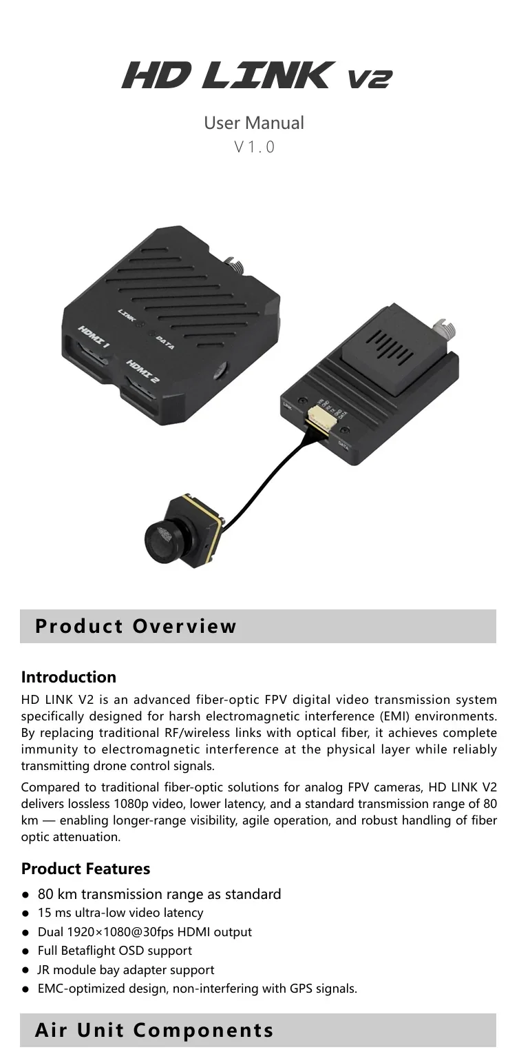 HD LINK V2 fiber optic FPV digital video transmission module kit with air unit, ground unit and camera