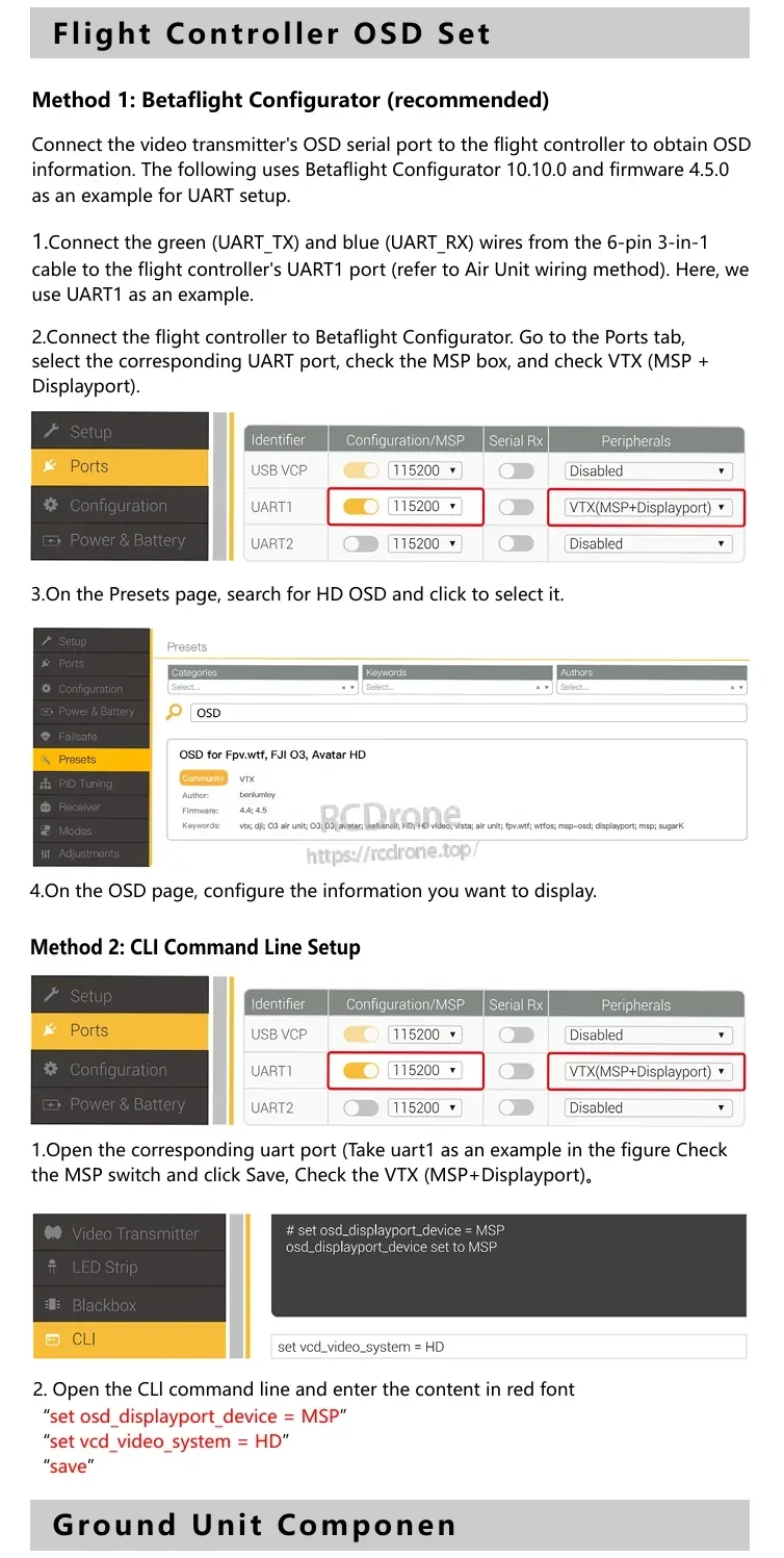 Betaflight Configurator port and OSD setup steps for enabling MSP + Displayport on the HD LINK V2 system