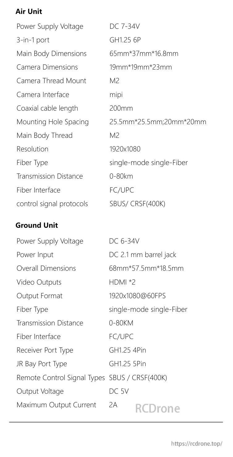 HD LINK V2 specifications table listing air unit and ground unit voltage ranges, interfaces, outputs and 0–80 km fiber link