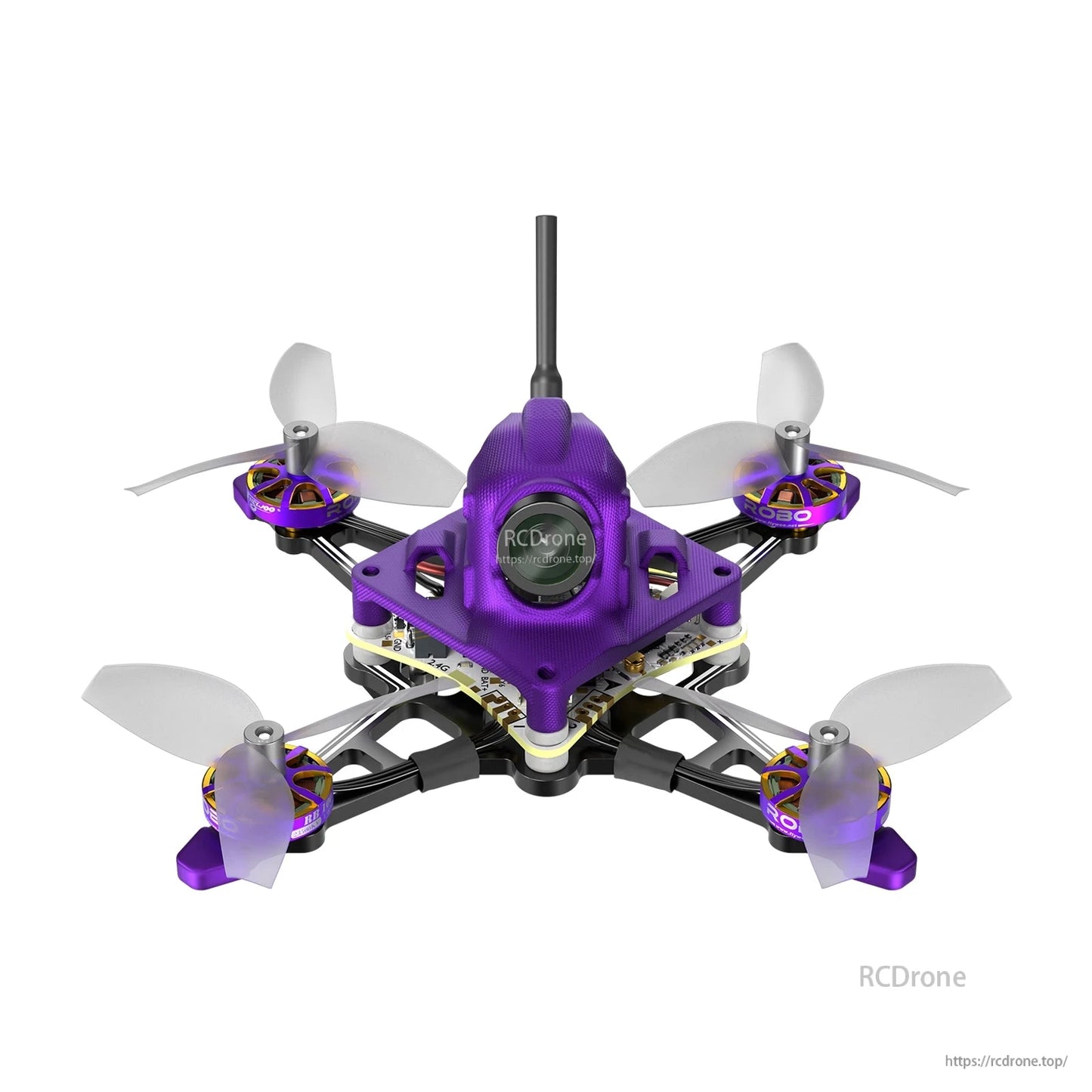 Purple 1S nano analog FPV tiny drone with front camera, four propellers, and a rear antenna