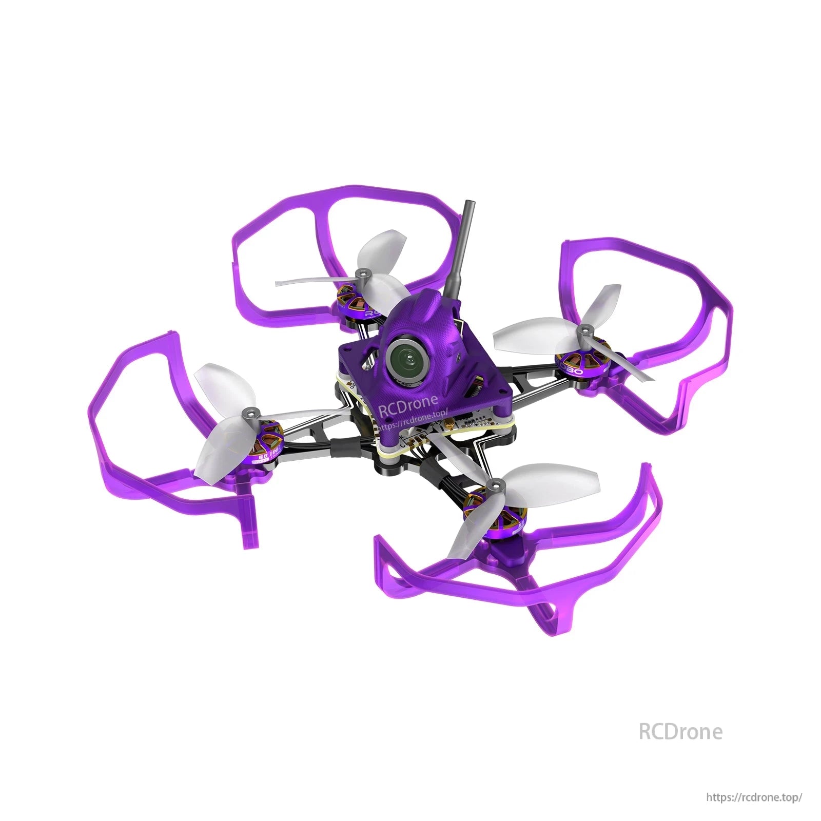 Firefly Nano Baby V3 analog tiny whoop drone with purple prop guards, micro FPV camera, and antenna