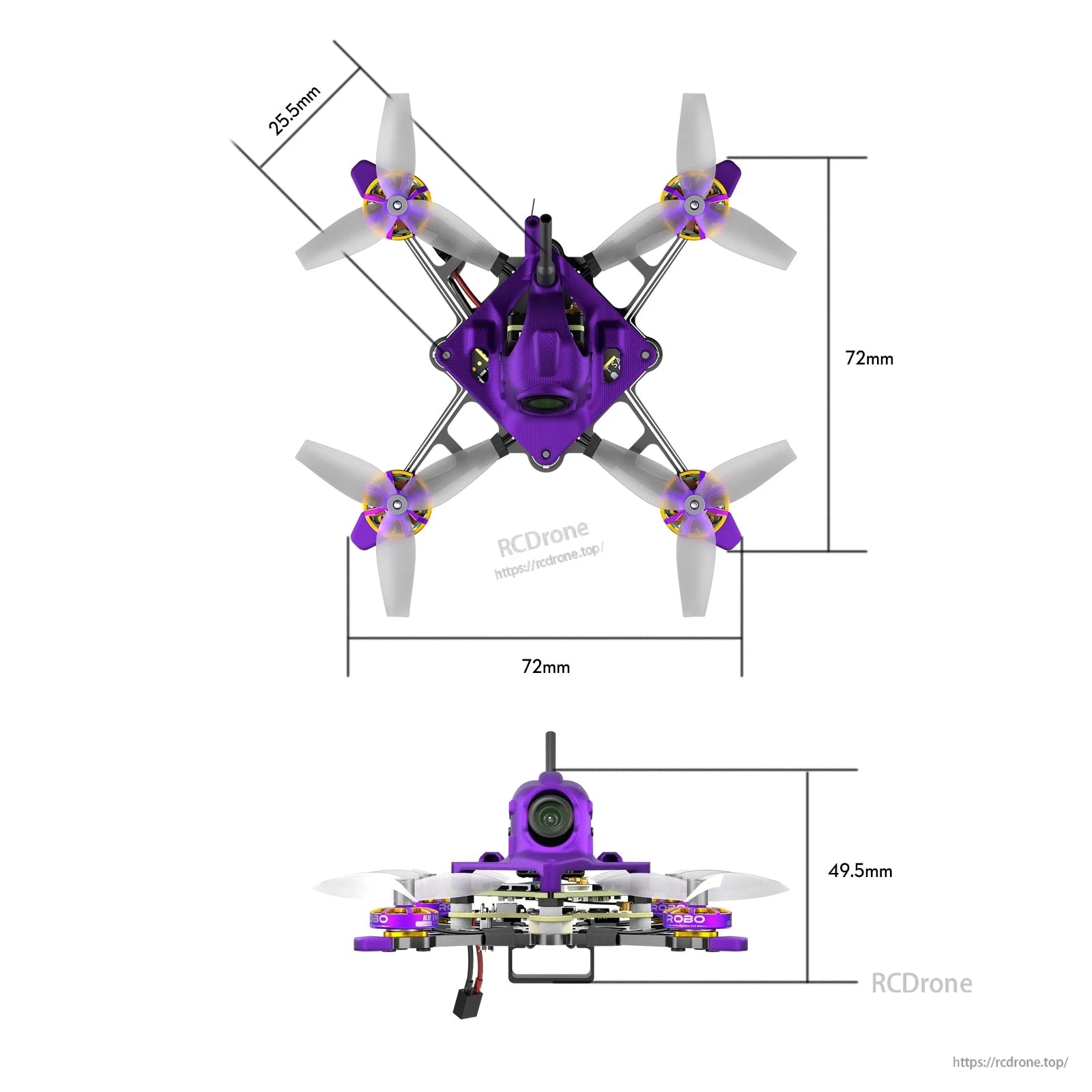 Firefly 16/18 1S Nano Baby V3 HDZero Tiny Drone, Top and side view of Firefly Nano Baby V3 HDZero tiny drone with 72mm frame width and 25.5mm props