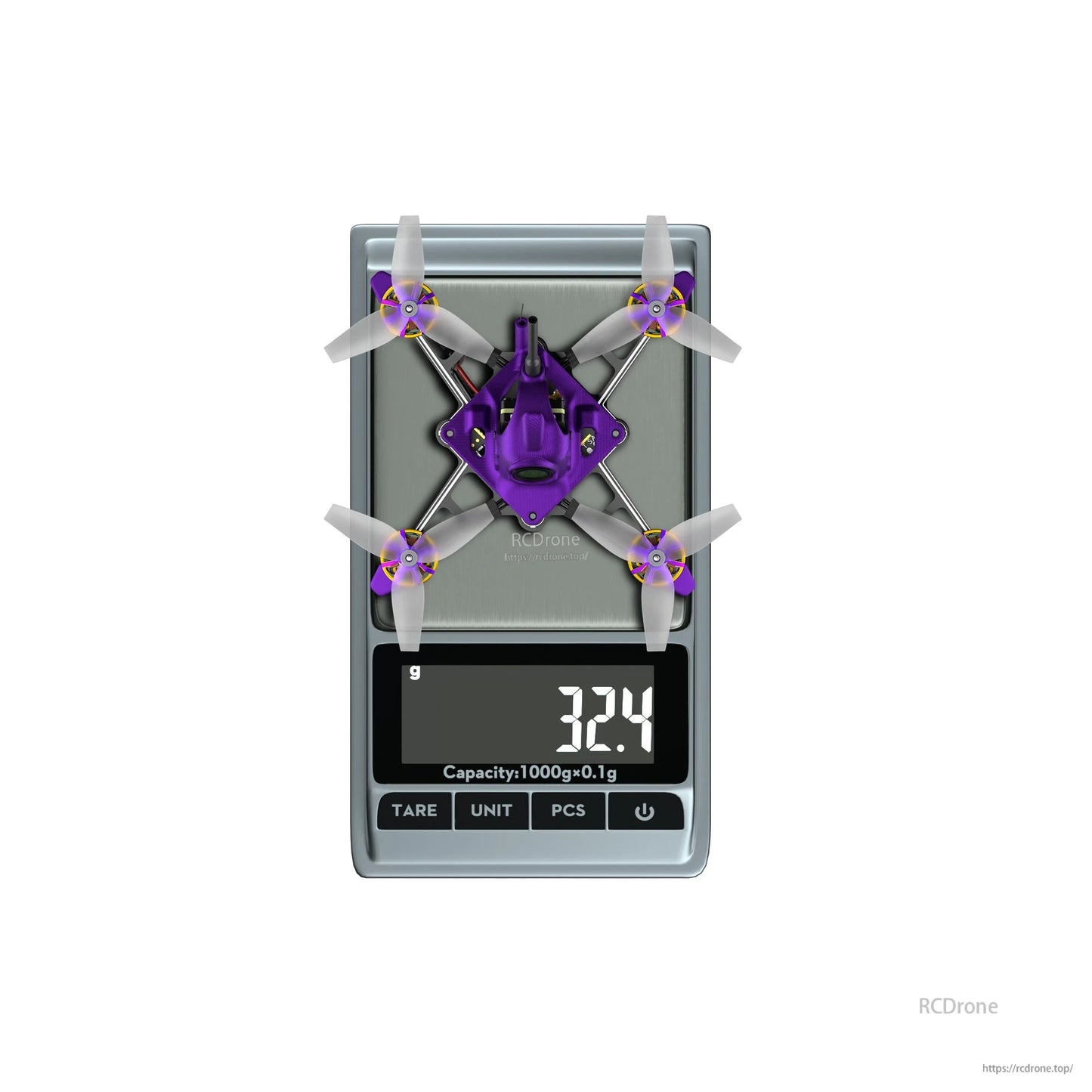 Firefly 16/18 1S Nano Baby V3 HDZero Tiny Drone, Firefly Nano Baby V3 HDZero tiny drone on a digital scale, with purple frame and 32.4 g weight reading