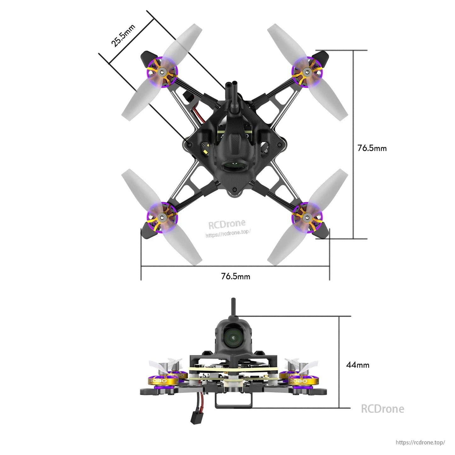 Top and side views of a Firefly 1S nano quad with 25.5mm props, 76.5mm frame width, and 44mm height