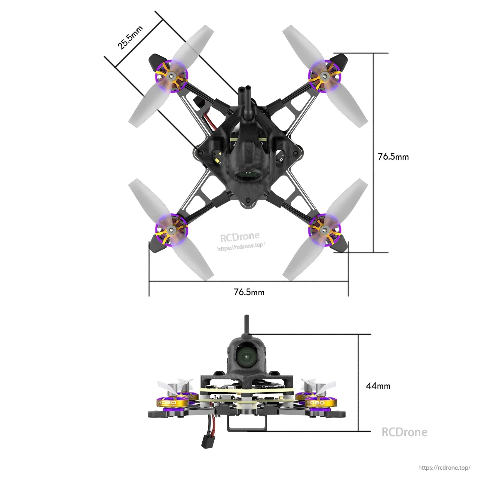 Top and side views of a Firefly 1S nano quad with 25.5mm props, 76.5mm frame width, and 44mm height