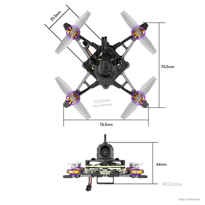 Top and side views of a Firefly 1S nano quad with 25.5mm props, 76.5mm frame width, and 44mm height