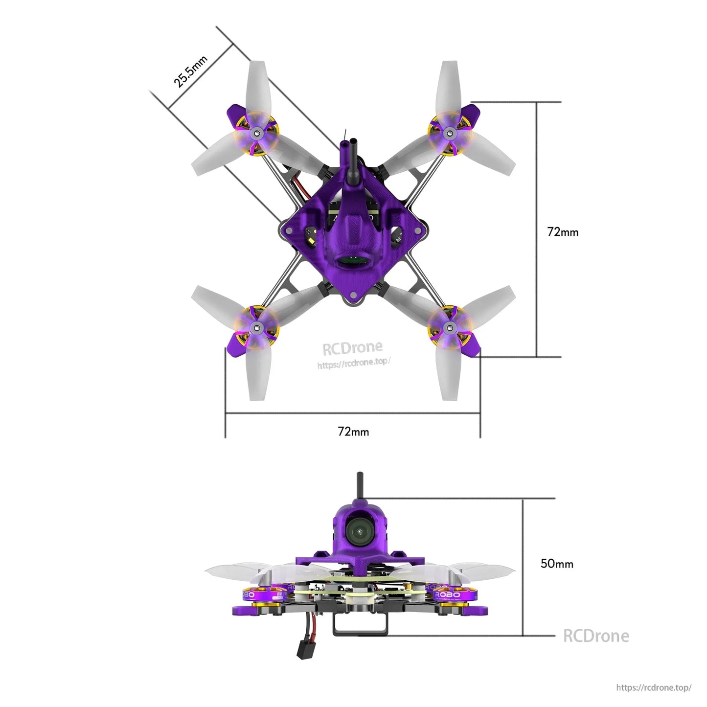 Firefly Nano Baby V3 micro FPV quadcopter in purple with four props and camera, 72mm x 72mm frame, 50mm tall