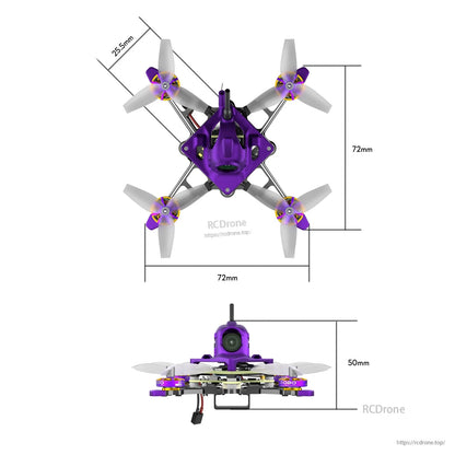 Firefly Nano Baby V3 micro FPV quadcopter in purple with four props and camera, 72mm x 72mm frame, 50mm tall