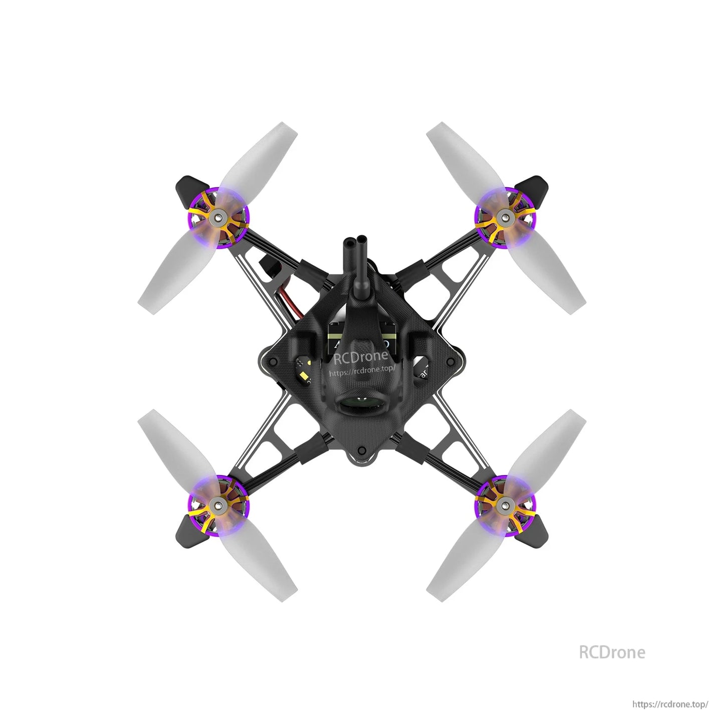 Top-down view of Firefly 1S Nano Baby V3 FPV quadcopter with carbon frame, four props and front camera