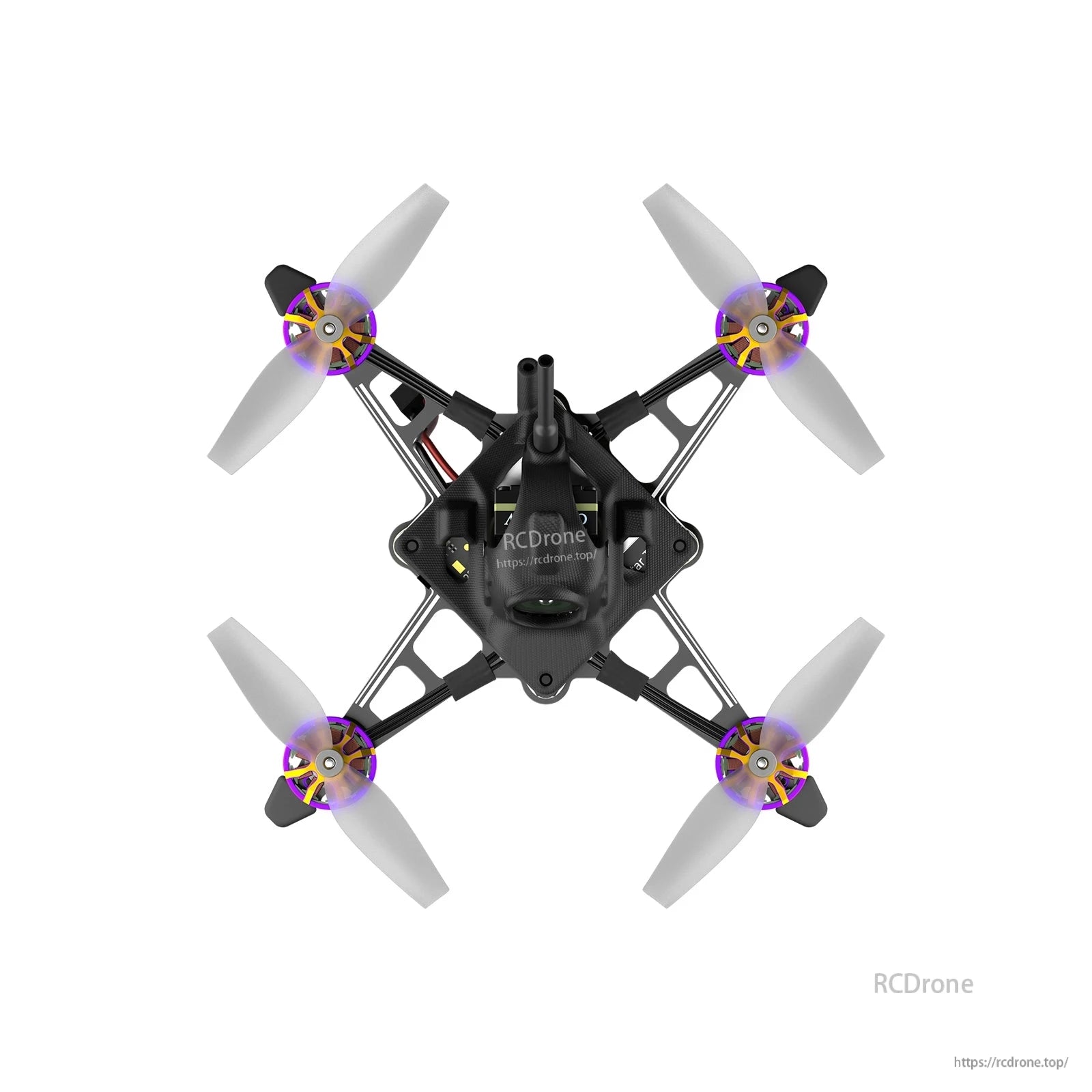 Top-down view of Firefly 1S Nano Baby V3 FPV quadcopter with carbon frame, four props and front camera