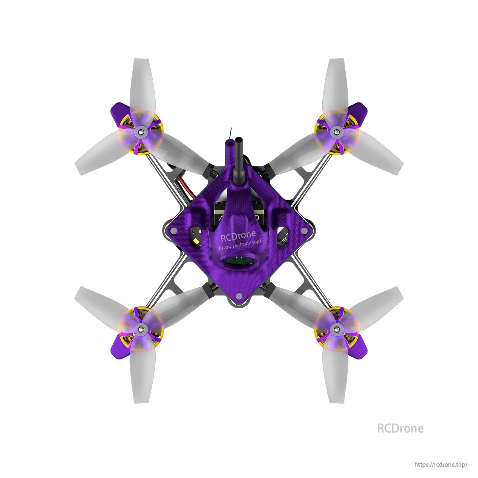 Top-down view of Firefly 1S Nano Baby V3 micro FPV quadcopter with purple canopy, antenna, and four props