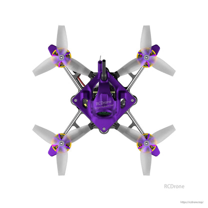 Top-down view of Firefly 1S Nano Baby V3 micro FPV quadcopter with purple canopy, antenna, and four props