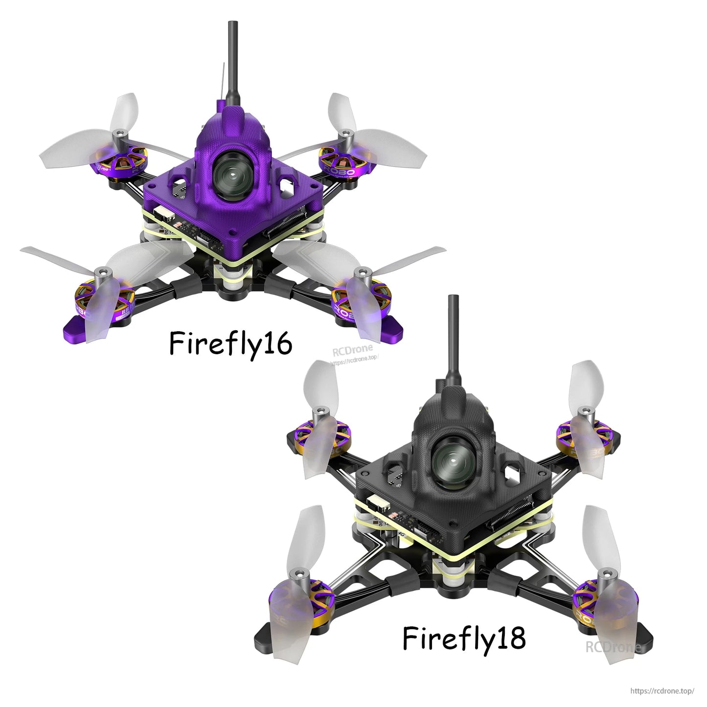 Firefly16 and Firefly18 1S nano FPV drones with HD camera pod, four-blade props, and antenna