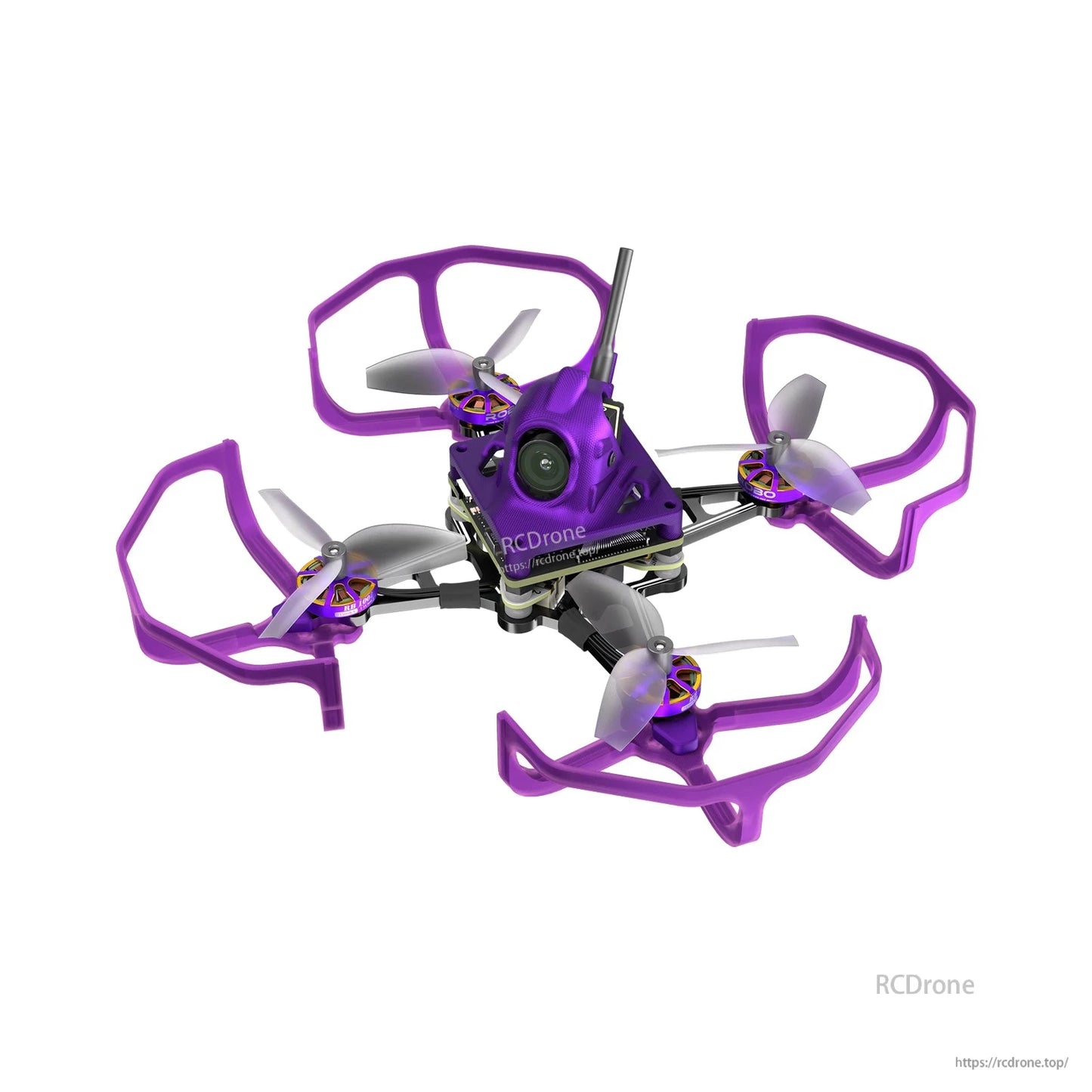 Firefly Nano Baby V3 tiny FPV drone with purple prop guards, four-blade props, and front camera module
