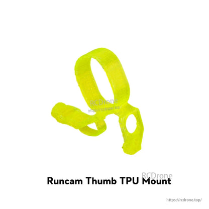 Firefly 1S Nano Baby Quad TPU Mount, Neon yellow TPU camera mount labeled Runcam Thumb, with a looped strap and front mounting tab
