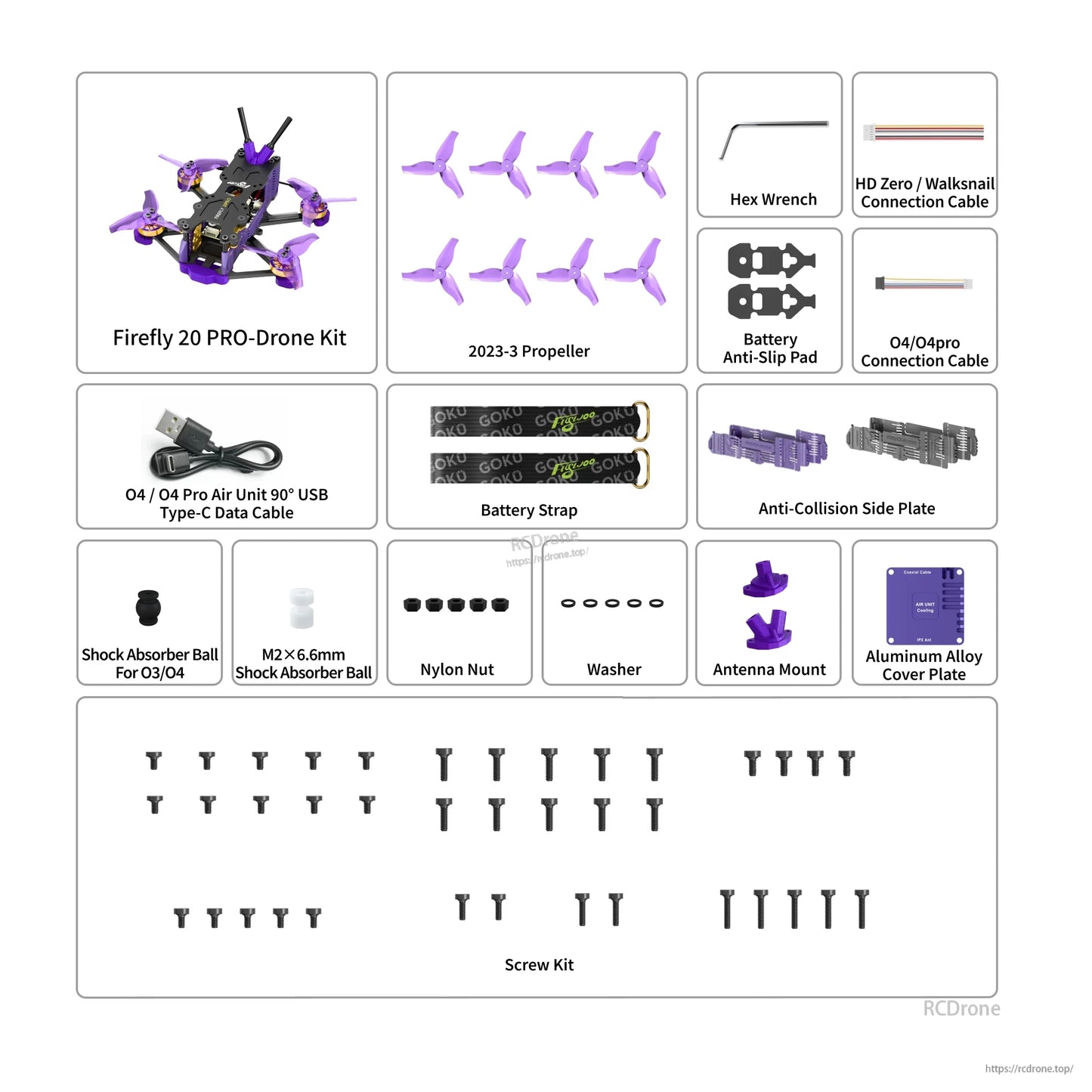 Firefly 20 PRO micro drone kit contents with purple props, USB-C cable, straps, plates, hex wrench, and screw set