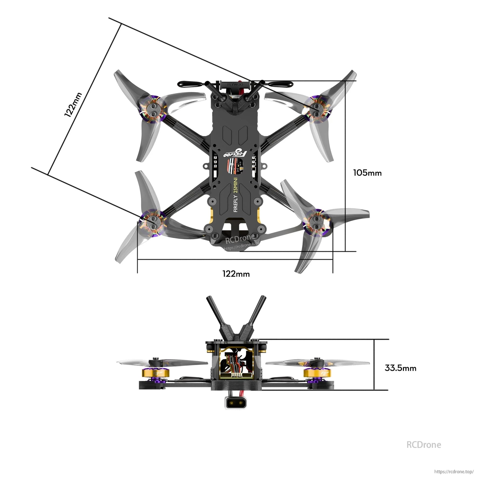 Top and side view of Firefly 25MINI micro FPV drone frame with props, XT30 plug, and 122 x 105 x 33.5 mm dimensions.