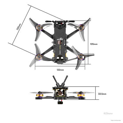 Top and side view of Firefly 25MINI micro FPV drone frame with props, XT30 plug, and 122 x 105 x 33.5 mm dimensions.