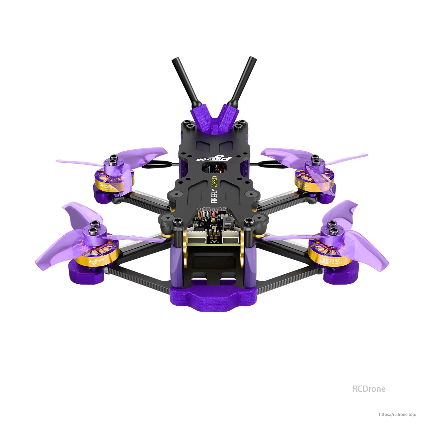 Firefly 20PRO micro FPV quadcopter with carbon frame, purple propellers, and dual rear antennas