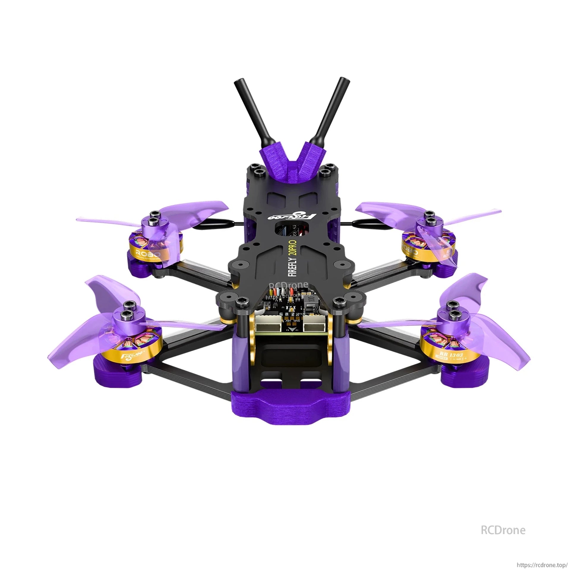 Firefly 20PRO micro FPV quadcopter with carbon frame, purple propellers, and dual rear antennas