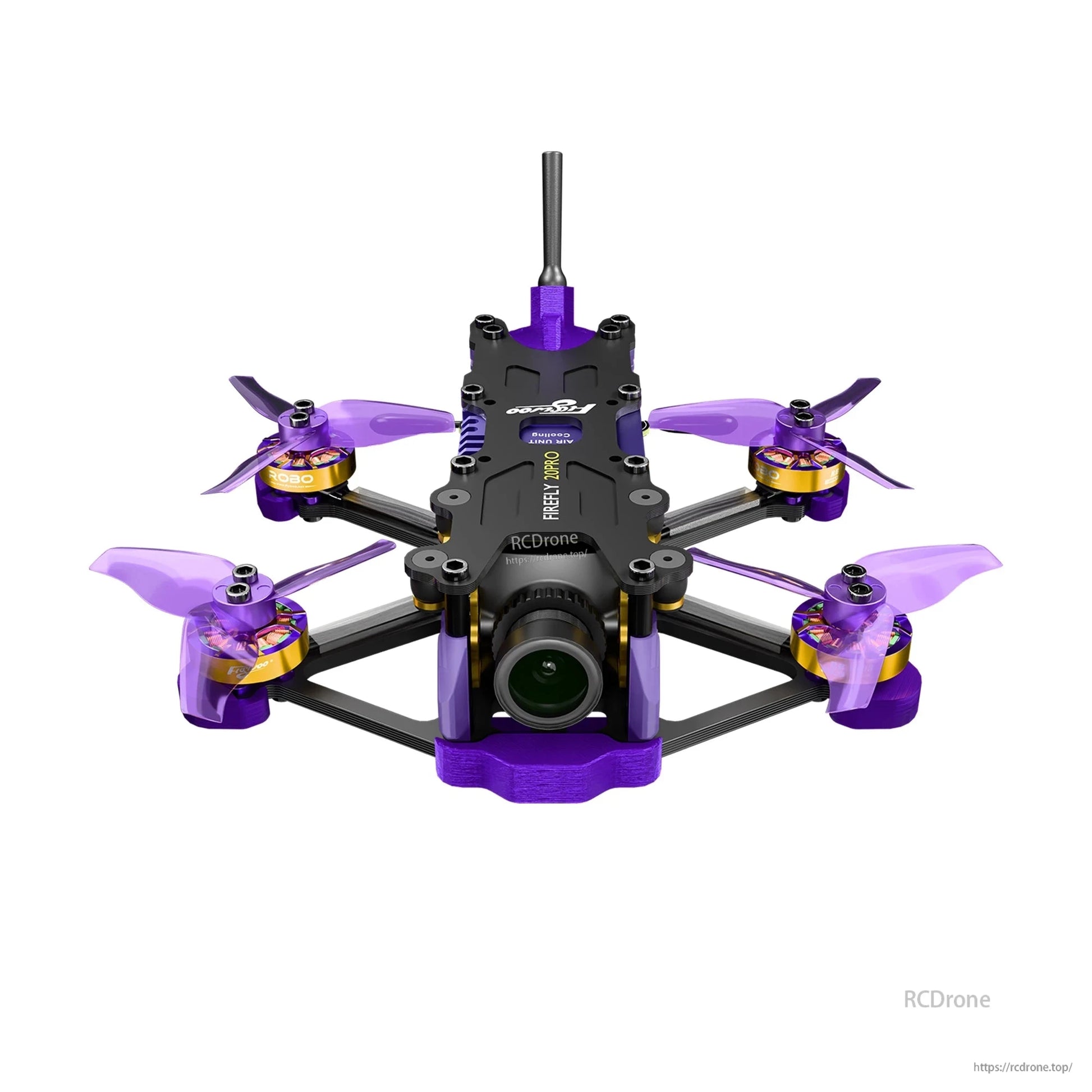 Firefly 20PRO micro FPV drone with purple props, compact frame, front camera lens, and rear antenna
