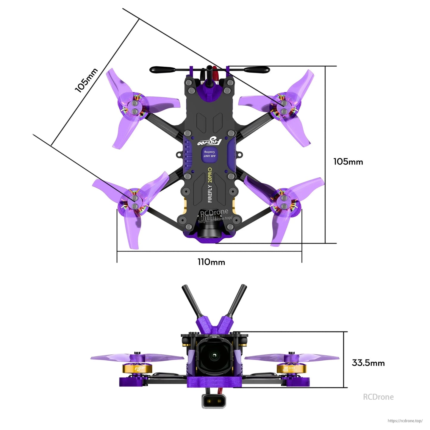 Top and front views of Firefly micro quad drone with purple propellers and 110mm x 105mm size dimensions