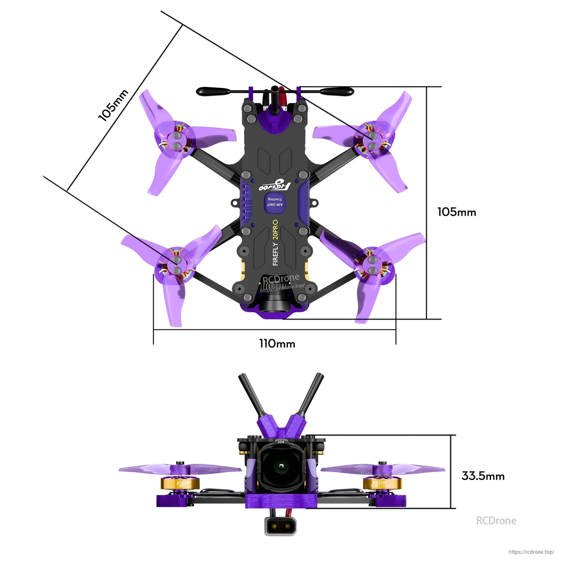 Top and front views of Firefly micro quad drone with purple propellers and 110mm x 105mm size dimensions