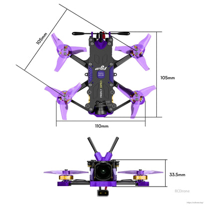 Top and front views of Firefly micro quad drone with purple propellers and 110mm x 105mm size dimensions