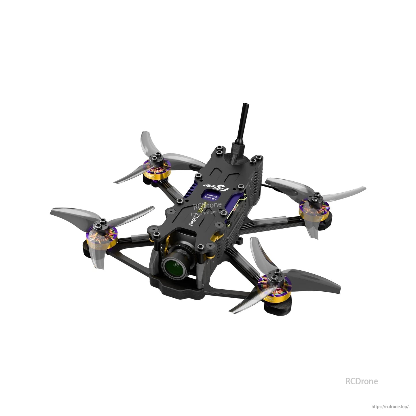 Firefly micro FPV drone with four tri-blade props, front camera, carbon frame, and top-mounted antenna