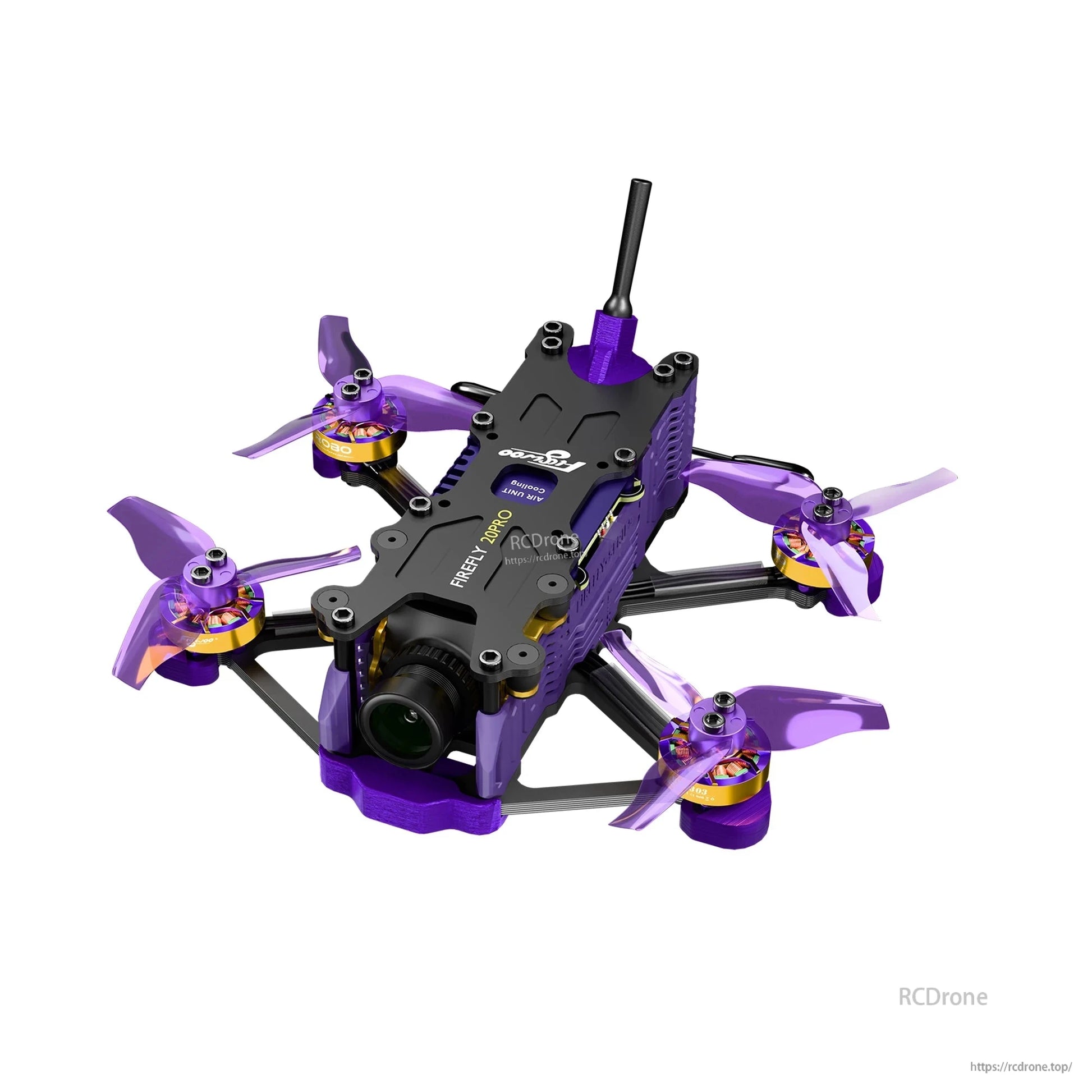 Firefly 20PRO micro FPV drone with purple frame, four tri-blade props, front camera and top antenna