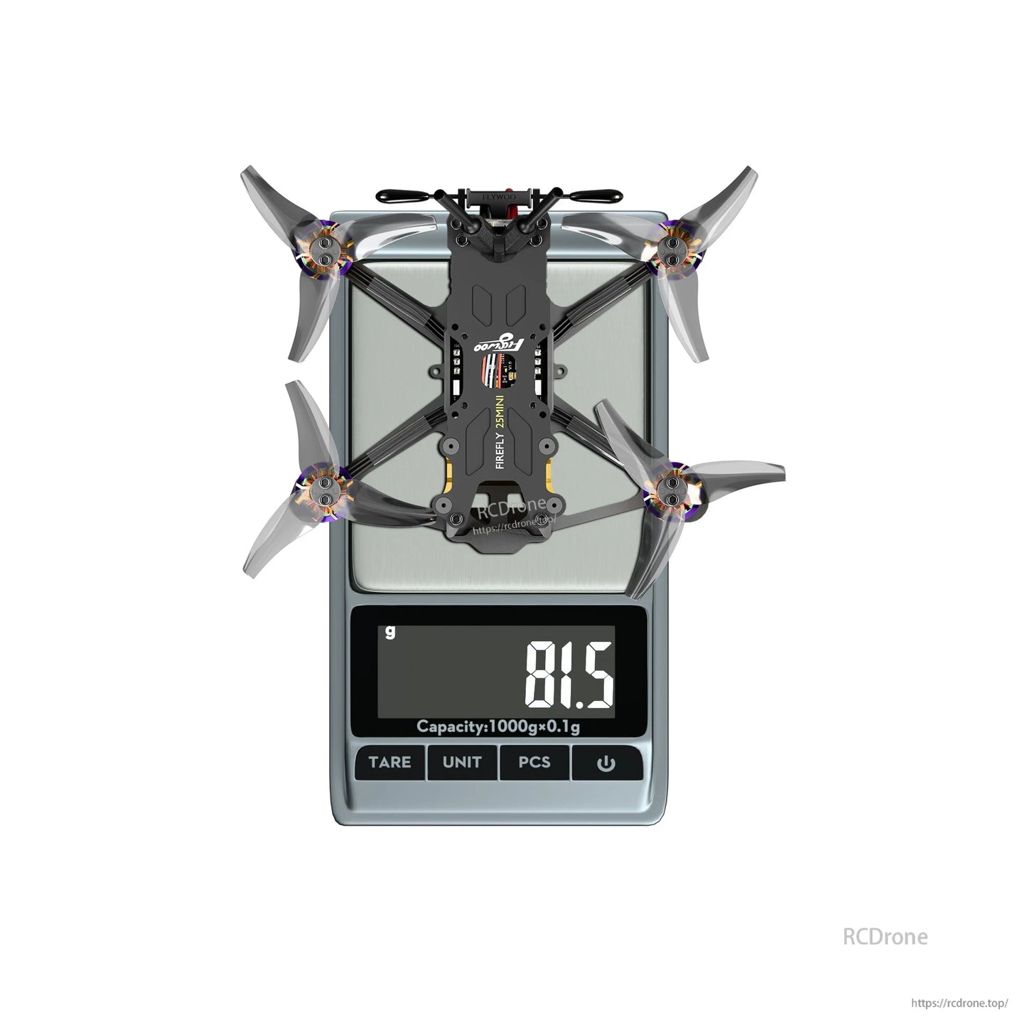 Flywoo Firefly 25Mini micro quad drone on a digital scale showing 81.5g weight with four propellers