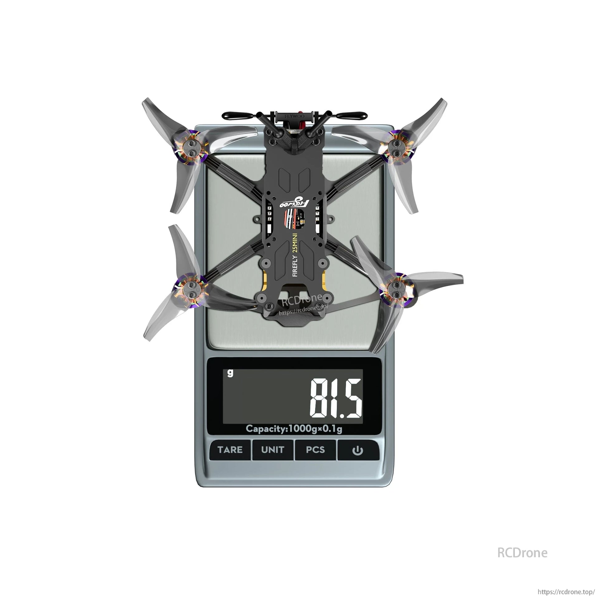 Flywoo Firefly 25Mini micro quad drone on a digital scale showing 81.5g weight with four propellers