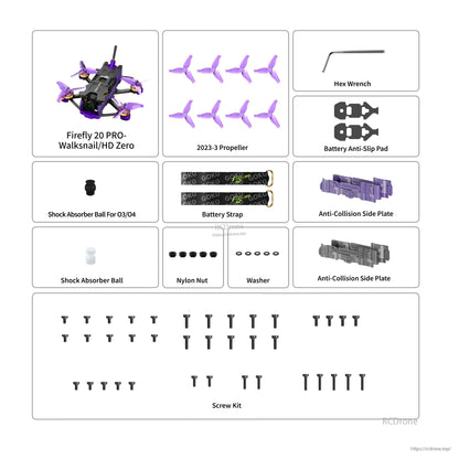 Firefly 20 PRO HDZero/Walksnail micro drone kit with spare 2023-3 propellers, tools, side plates and screw set