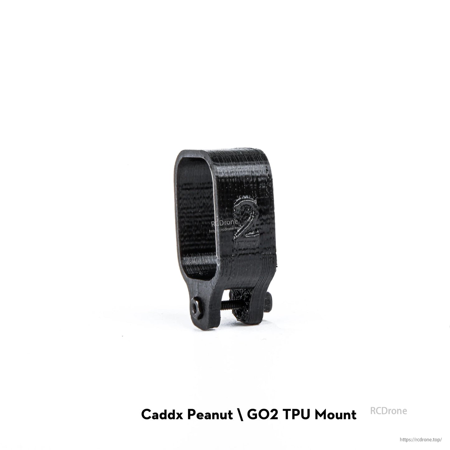 Firefly 2S Nano Baby 20 TPU Camera Mount, Black TPU camera mount bracket with strap-style cradle and two mounting holes, labeled Caddx Peanut/GO2