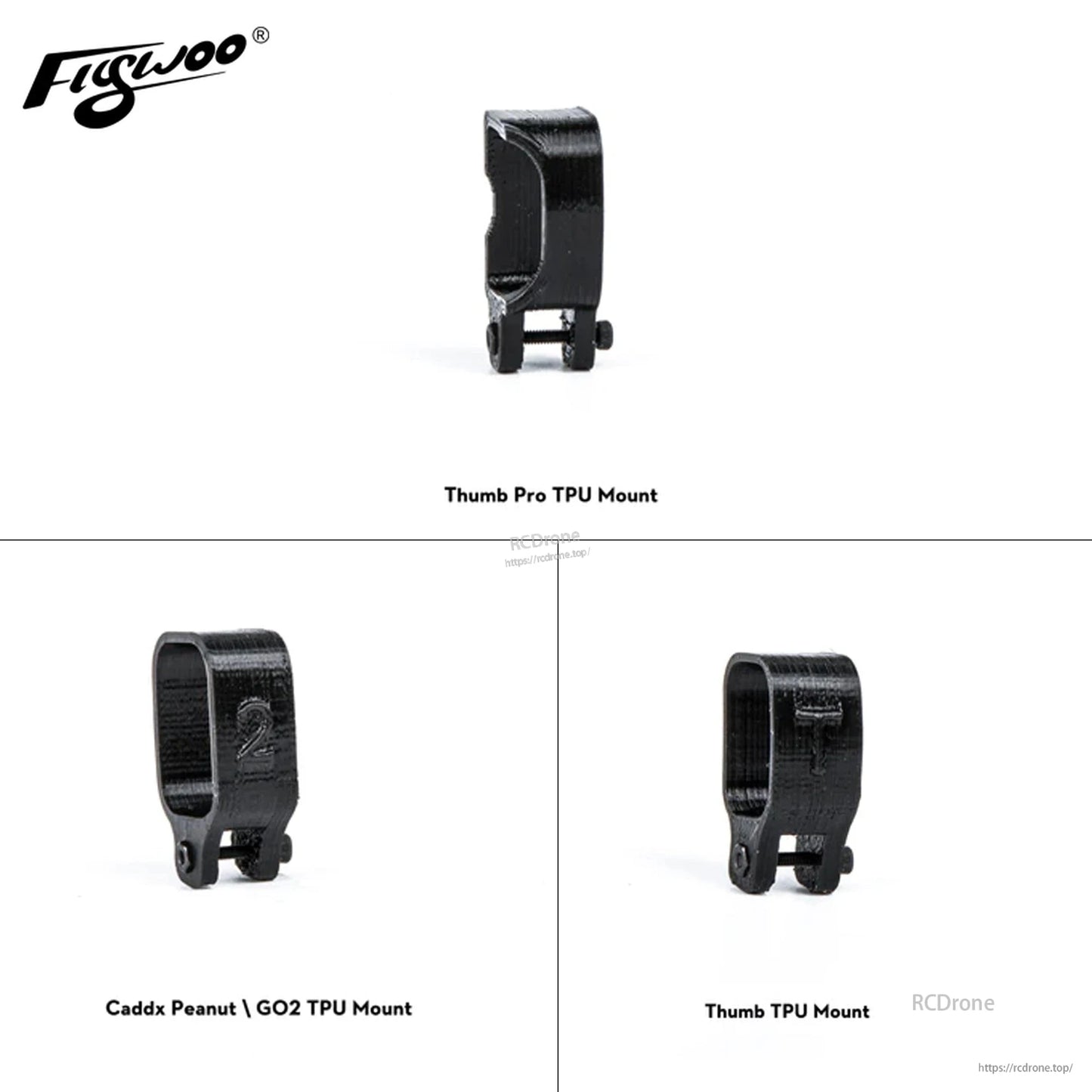 Firefly 2S Nano Baby 20 TPU Camera Mount, Three black TPU camera mounts labeled for Thumb Pro, Thumb, and Caddx Peanut/GO2 action cameras