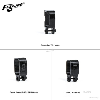 Firefly 2S Nano Baby 20 TPU Camera Mount, Three black TPU camera mounts labeled for Thumb Pro, Thumb, and Caddx Peanut/GO2 action cameras