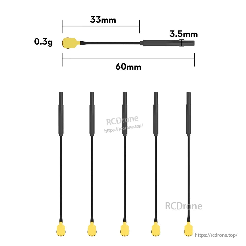 Lightweight 60mm coax antenna pigtail with small snap-on connector, 3.5mm heatshrink section (0.3g)