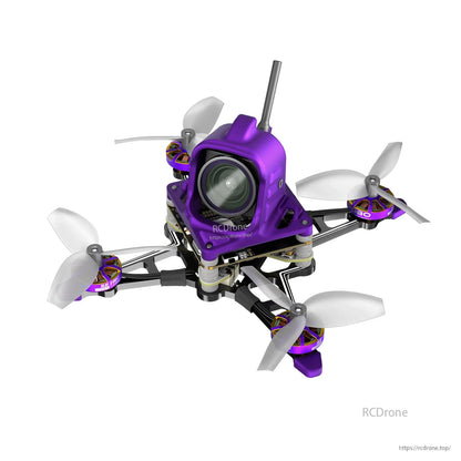 Purple nano baby quadcopter with DJI O4-style front camera module, four propellers, and top antenna