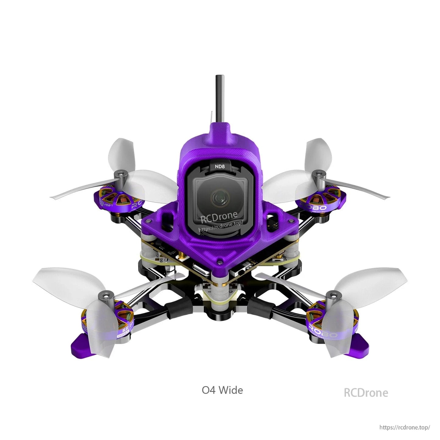 Firefly16 1S nano baby quad drone with purple canopy, O4 Wide camera module, and four white propellers