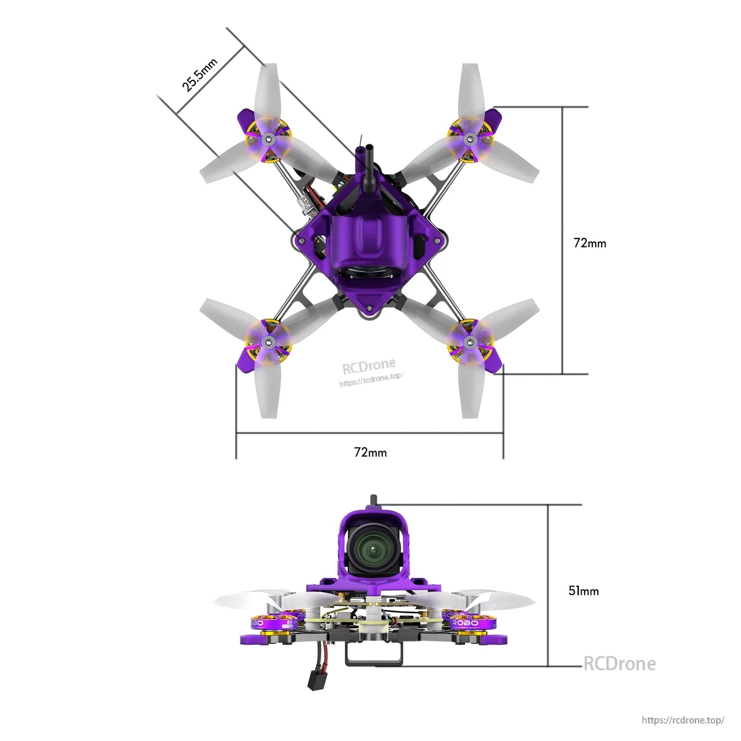 Firefly16 nano FPV drone in purple with four props, 72mm frame size and 51mm height dimensions