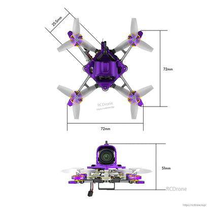 Firefly16 nano FPV drone in purple with four props, 72mm frame size and 51mm height dimensions