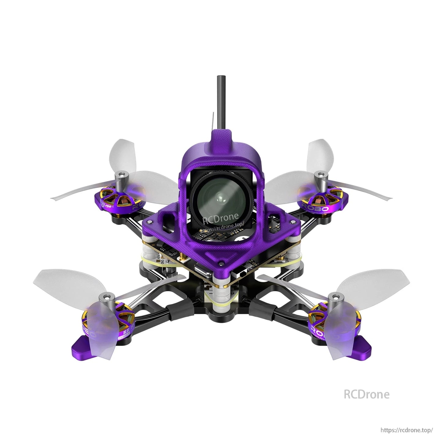 Firefly16 nano baby drone with purple canopy, front HD camera lens, and four small propellers on a compact frame
