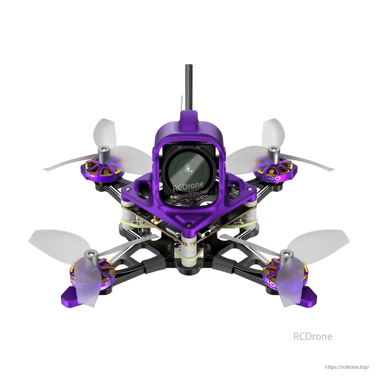 Firefly16 nano baby drone with purple canopy, front HD camera lens, and four small propellers on a compact frame