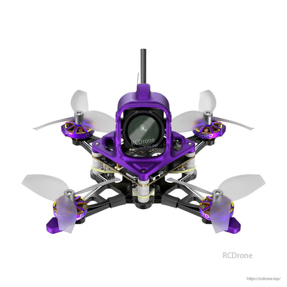 Firefly16 nano baby drone with purple canopy, front HD camera lens, and four small propellers on a compact frame