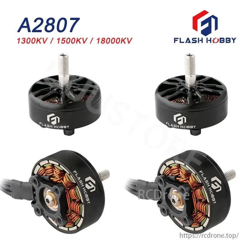 FlashHobby A2807 Brushless Motor with 1300KV/1500KV/1800KV options and a black design.