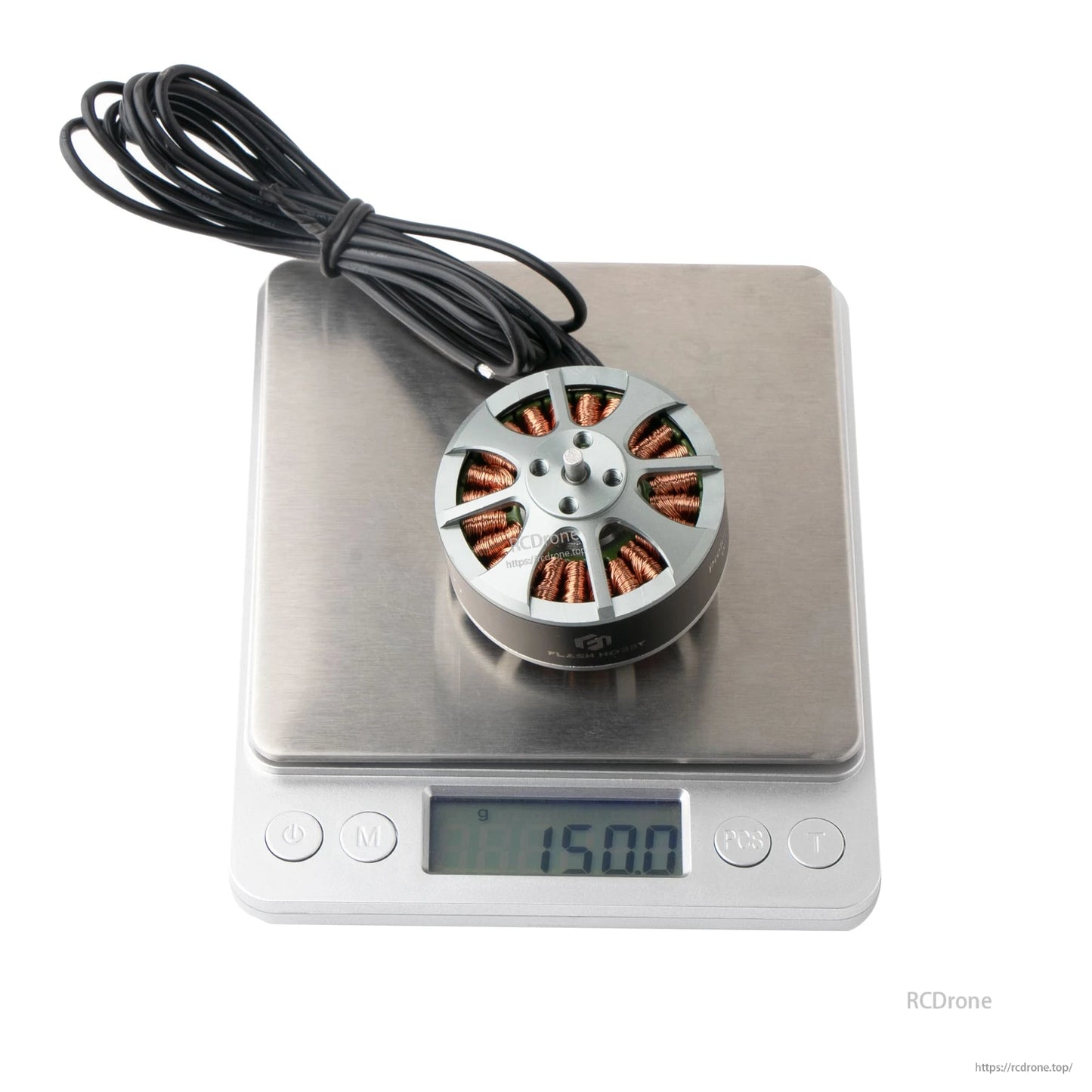 Flashhobby 4112 Brushless DC Motor, Flashhobby 4112 brushless motor with long leads on a digital scale showing 150.0 g