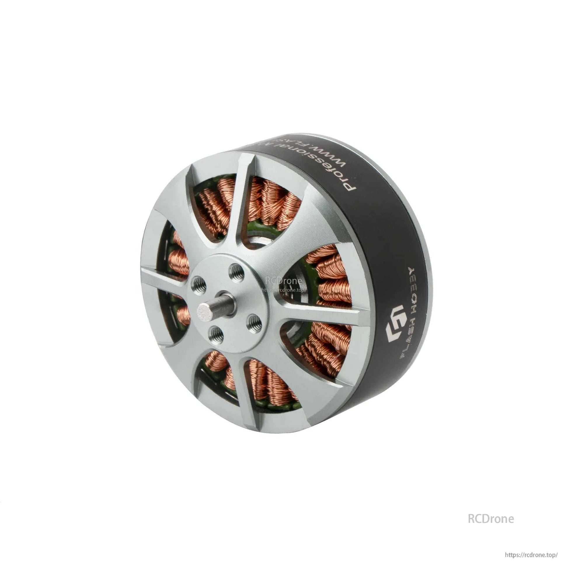 Flashhobby 4112 brushless DC motor with silver rotor face, exposed copper windings, and mounting shaft