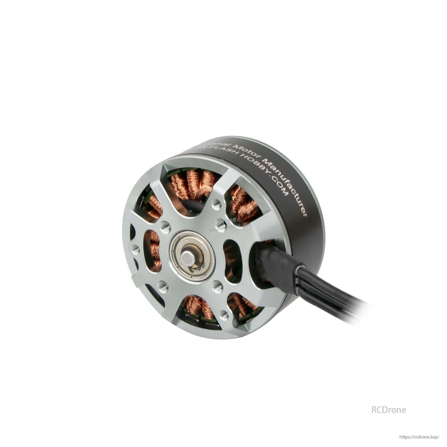 Flashhobby 4114 brushless DC motor with silver mounting face, visible copper windings, and attached power wires