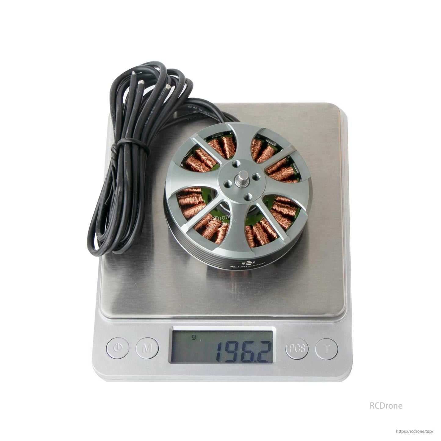 Flashhobby 5208 Brushless DC Motor, Flashhobby 5208 brushless DC outrunner motor with long wires on a digital scale reading 196.2 g